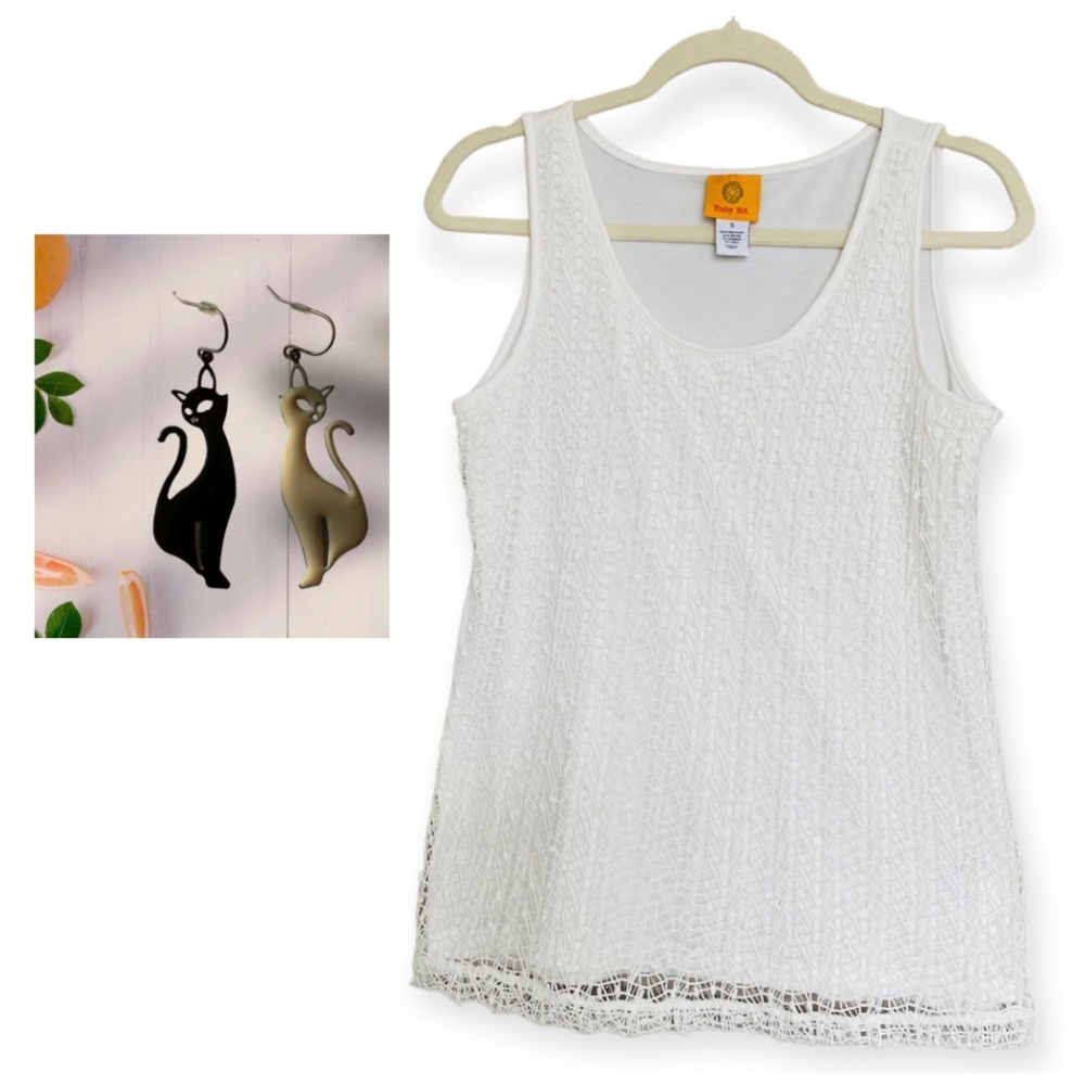 Ruby Rd. Shirt White Lace Layering Stretch Tank Top size S & Cat Earrings